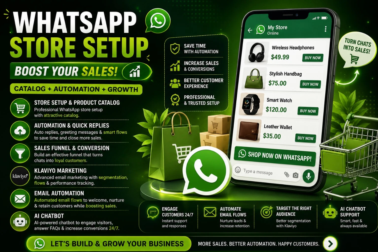 帮你搭建一套完整的营销自动化系统！涵盖 GoHighLevel、Klaviyo 邮件营销、WhatsApp 自动化、智能聊天机器人和高转化销售漏斗，一站式搞定客户触达与转化。